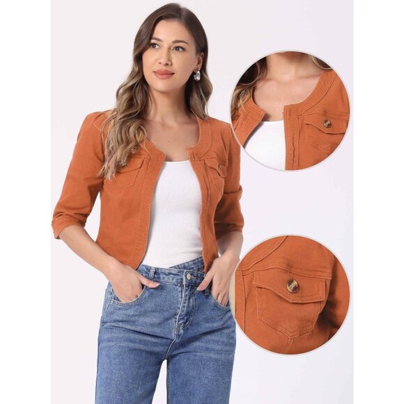 Women's Jean Jacket Slim Fit Casual Denim Jacket 3/4 Sleeves Outwear Orange - Picture 4 of 5